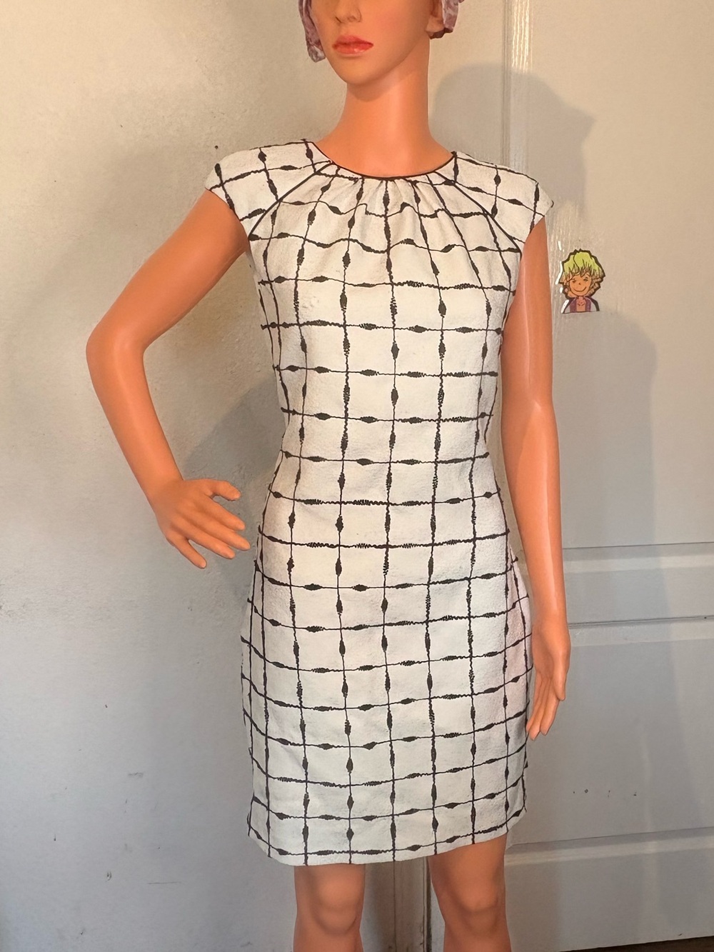 Badgley Mischka White Sheath Dress with Black Grid Print
